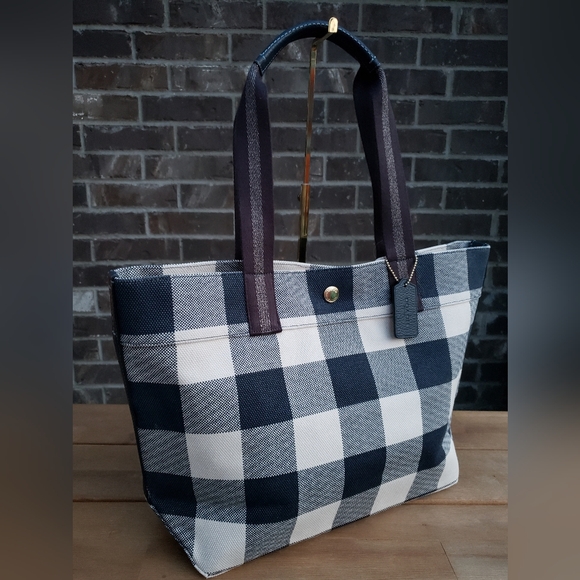 COACH **NWT** Midnight & Cream Buffalo Plaid Tote - Picture 1 of 11